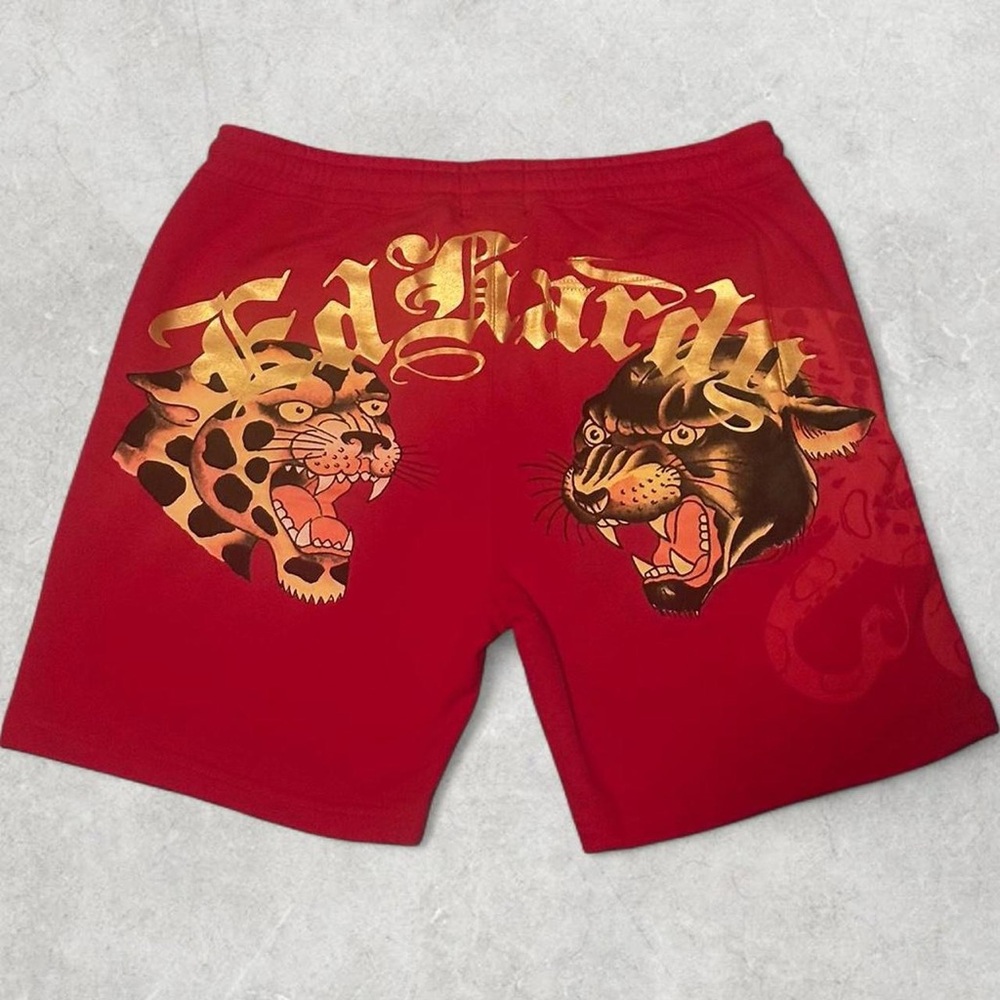 Ed Hardy Red and Gold Graphic Athletic Shorts